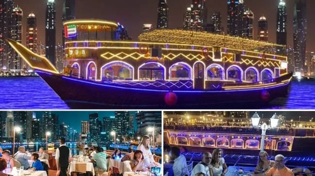 Marina Dhow Cruise Dinner Dubai with city lights and buffet dining